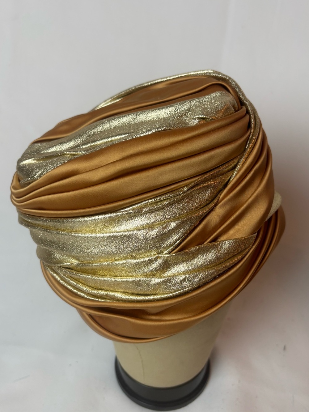 Vintage Draped Turban Hat Metallic Gold Golden Yellow Satin 1940’s Union Made